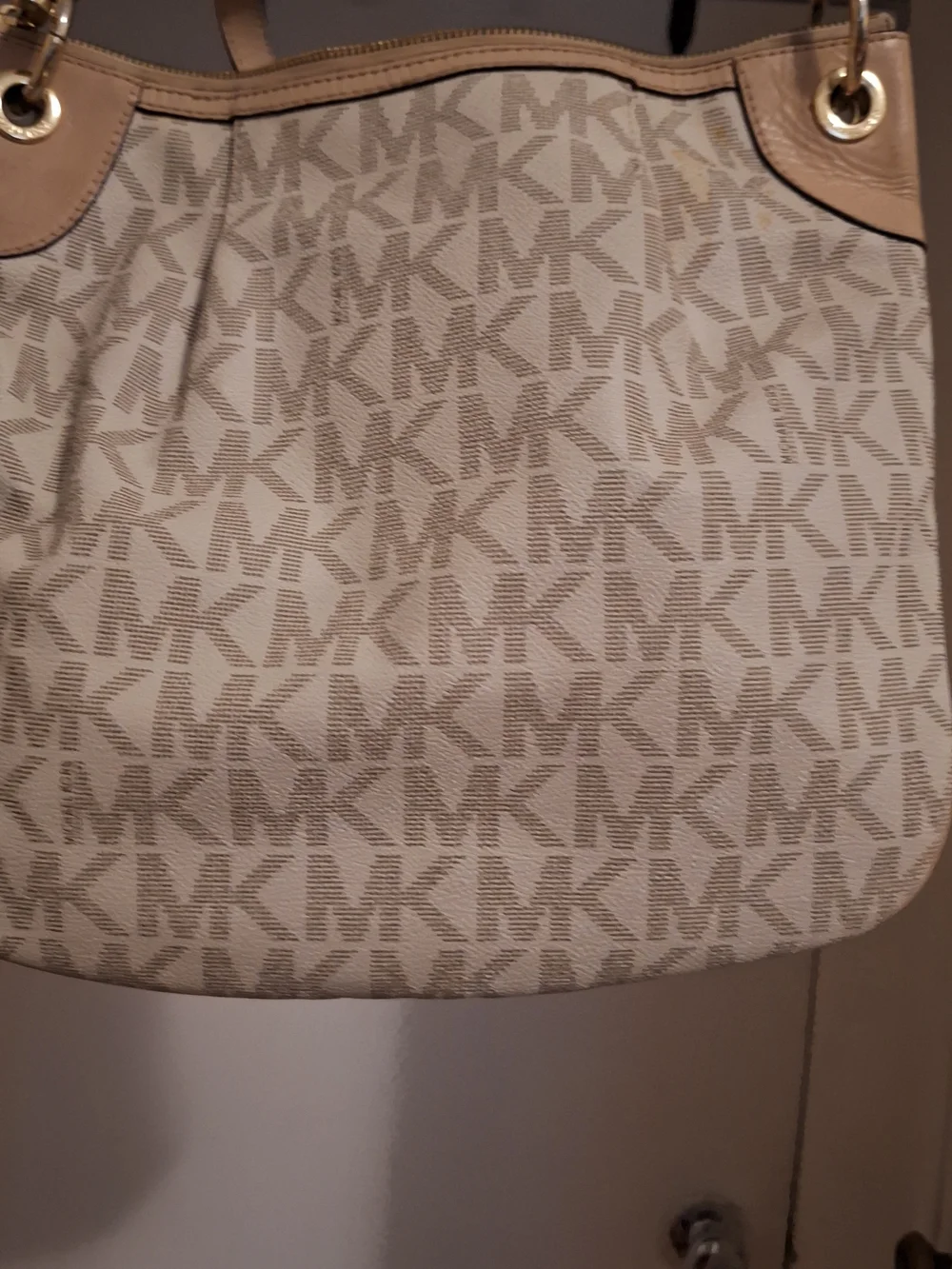 Michael Kors Beige and Tan MK Logo Shoulder Bag with Gold Hardware